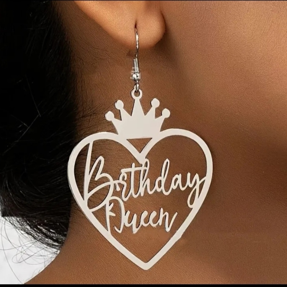 Birthday Queen Heart Drop Earrings — Silver